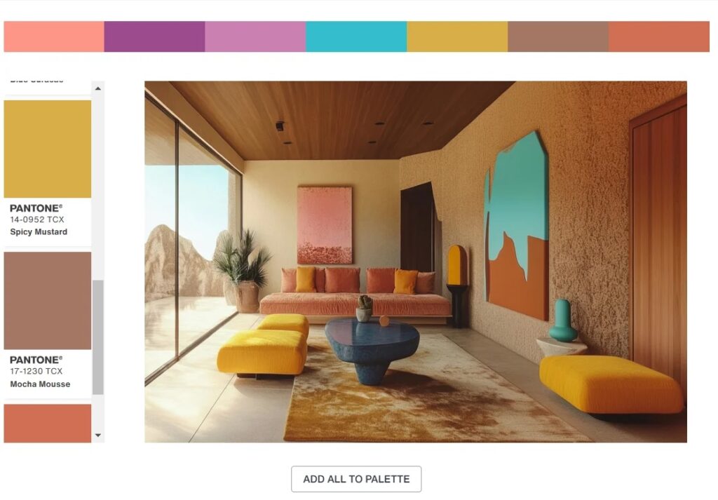 Pantone interior design palette featuring Mocha Mousse 17-1230 with Spicy Mustard and bold accents