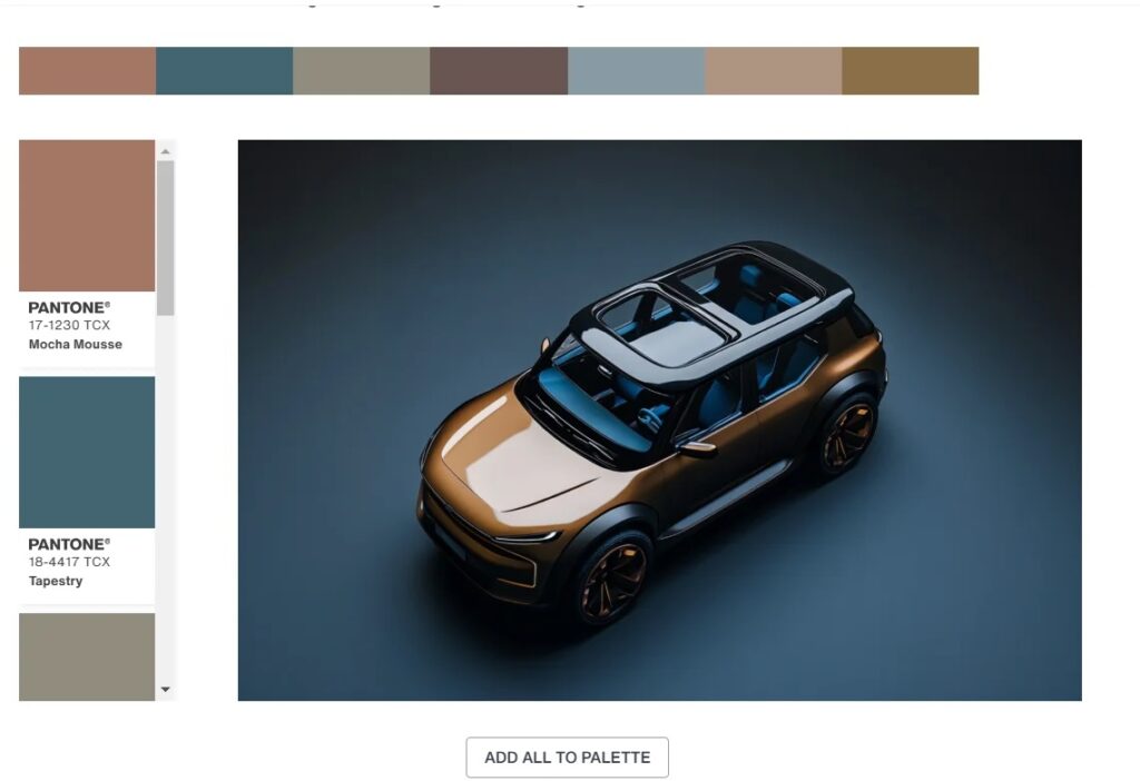 Pantone automotive design palette with Mocha Mousse 17-1230 and Tapestry Blue