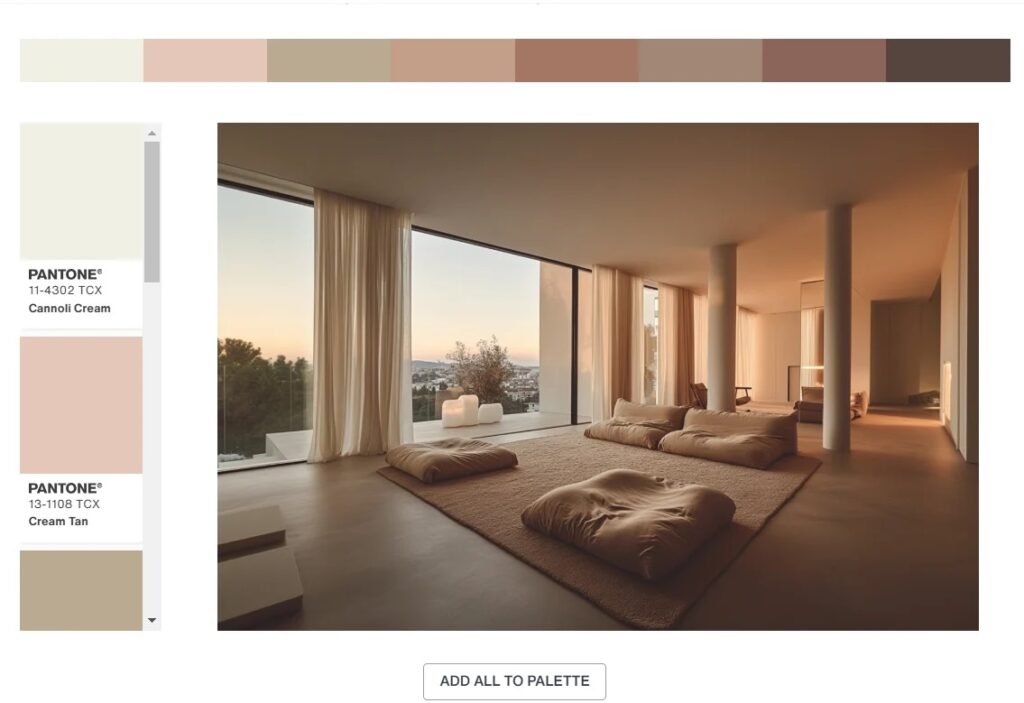 Pantone relaxed interior palette with Mocha Mousse 17-1230, Cannoli Cream, and Cream Tan