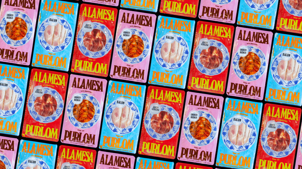 Colorful Purlom A La Mesa cured meat packaging featuring chorizo, jamón serrano, and bacon.