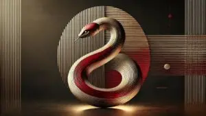 Abstract red and gold Wood Snake artwork representing transformation and creativity in 2025 branding.