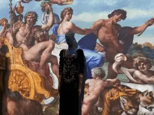 Mannequin in Dolce & Gabbana ornate black gown set against a Renaissance-style fresco of mythological figures and a golden chariot.
