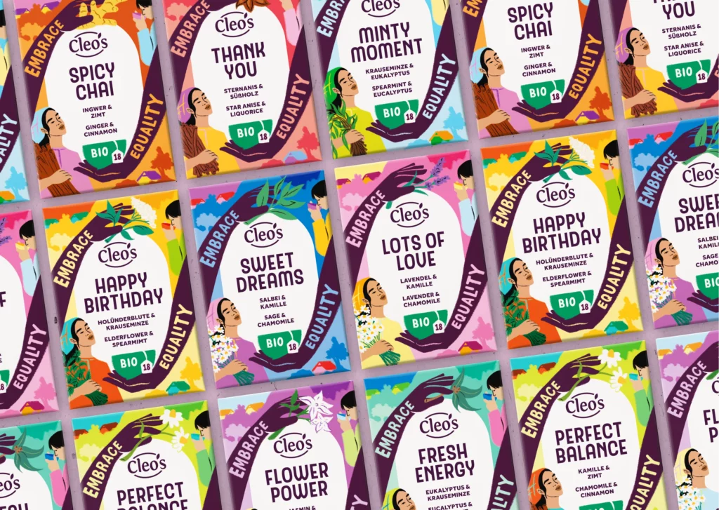 Cleo’s Tea packaging with colorful illustrations and equality messaging on each label.