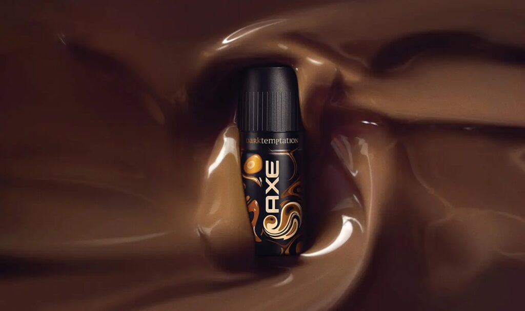 Food imagery in marketing showing Axe body spray in swirling chocolate