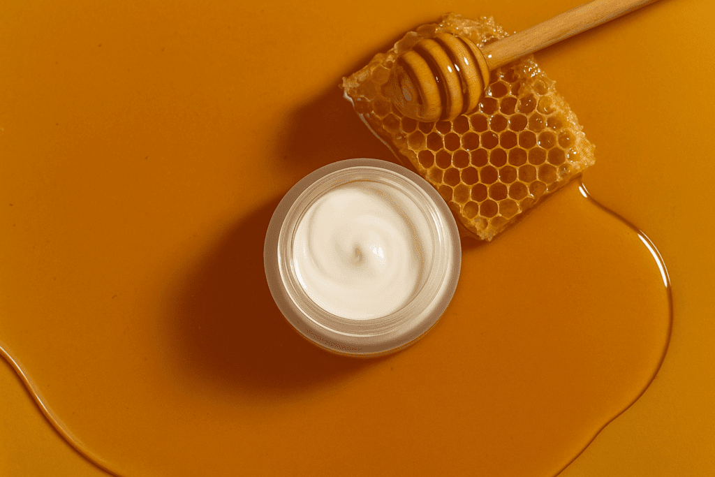 Food imagery in marketing showing honey, cream, and honeycomb symbolizing indulgence and sensory appeal