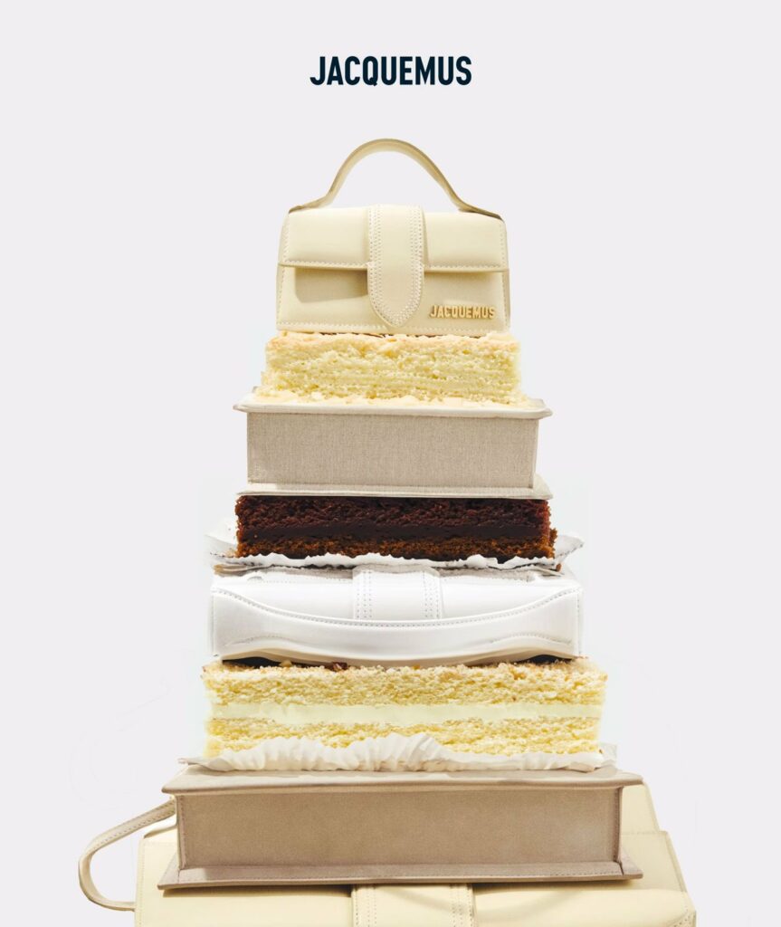 Food imagery in marketing showing handbags styled as layered cakes
