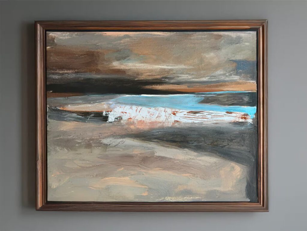 Abstract landscape painting in earthy tones with hints of blue, framed on a gray wall.