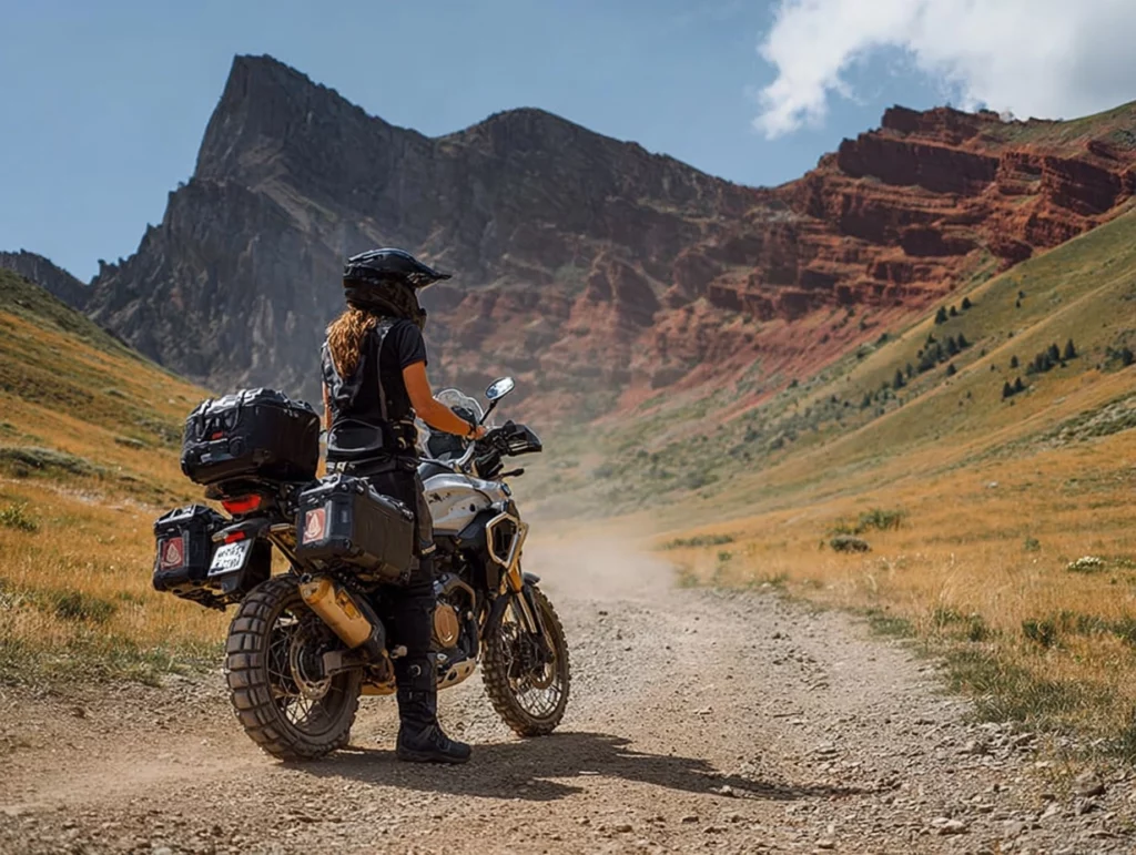 woman riding a motorcycle in a desert mountain landscape