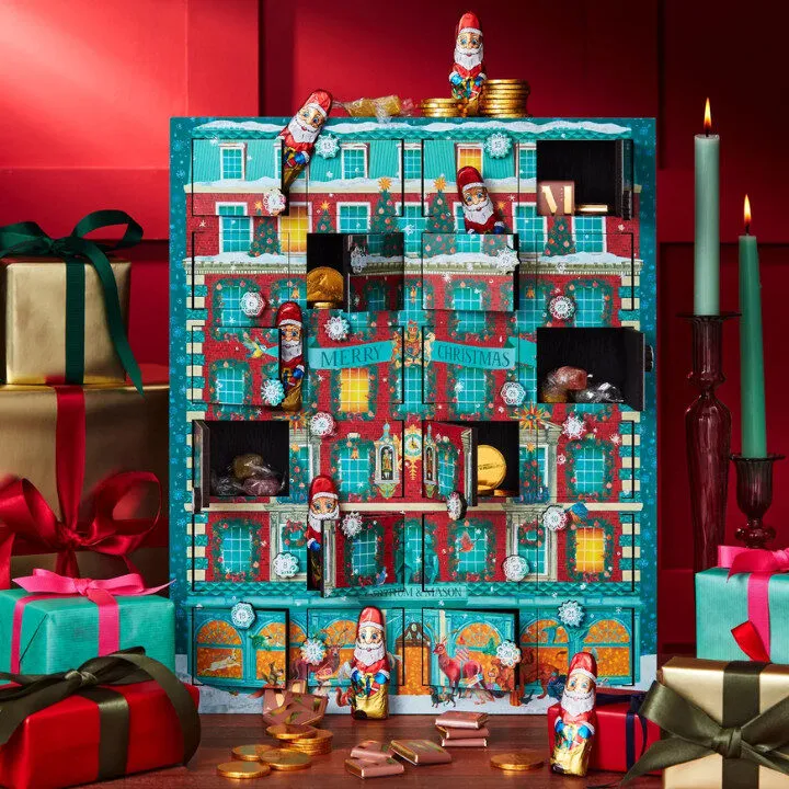 Fortnum & Mason illustrated advent calendar styled as a festive townhouse, reflecting nostalgic Christmas 2025 graphic codes.