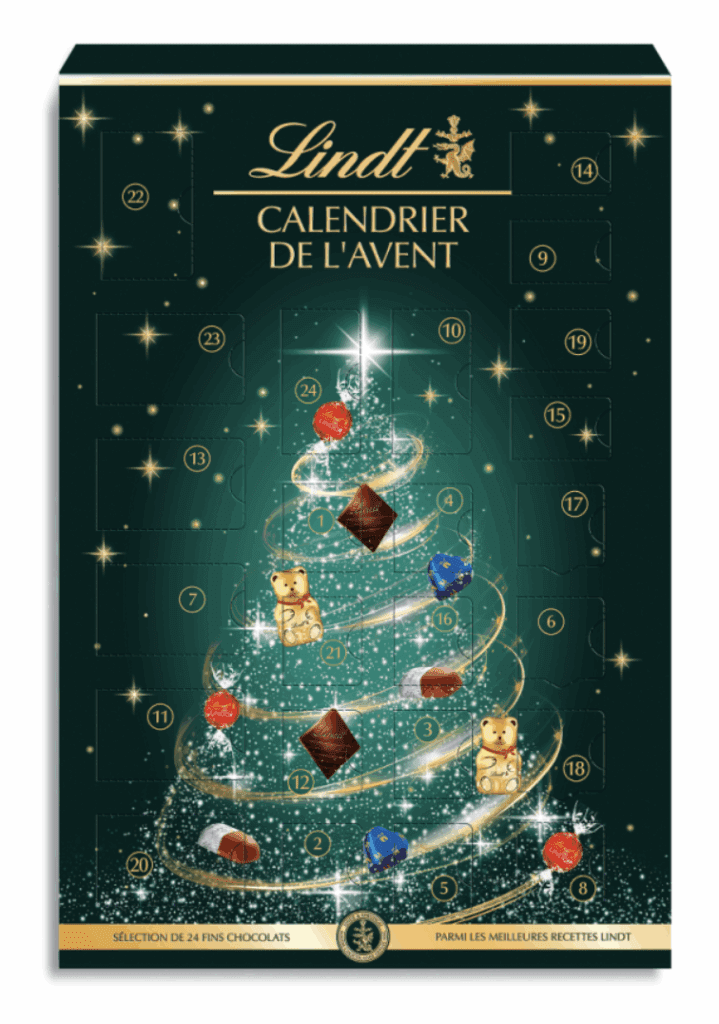 Lindt green and gold advent calendar with sparkling Christmas tree design and chocolate pieces, showing classic Christmas 2025 graphic codes.