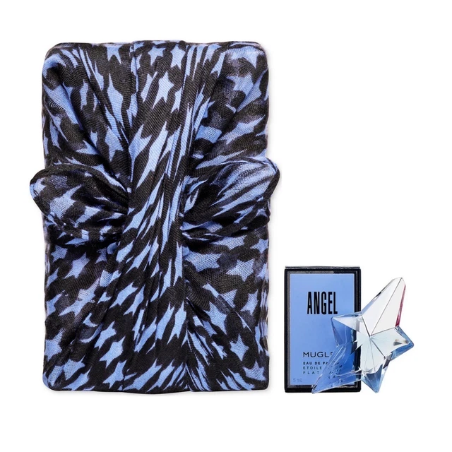 Mugler Angel perfume and gift box wrapped in patterned fabric inspired by Japanese Furoshiki.