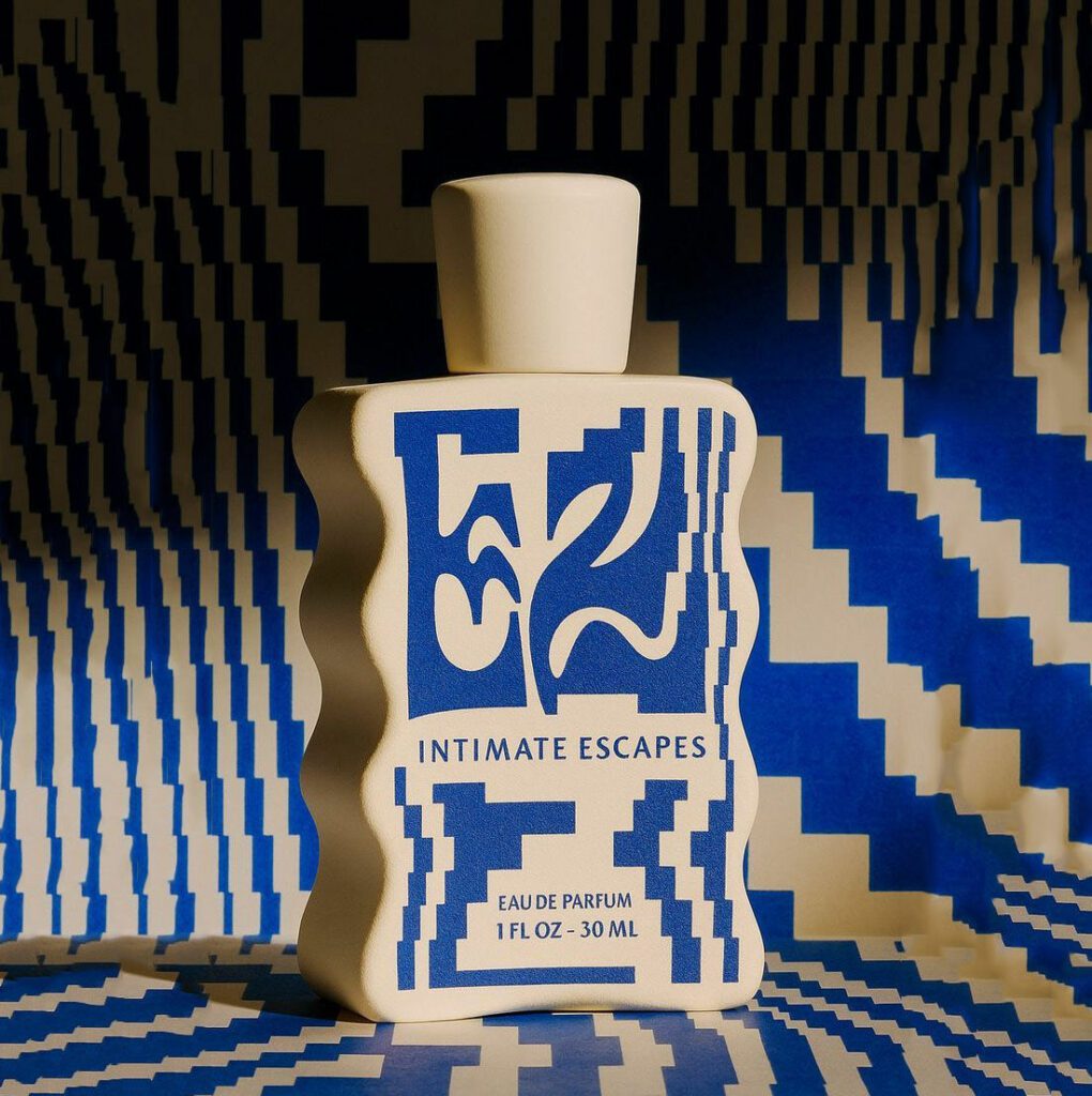 Perfume packaging design expressing graphic design trends 2026 through distortion, digital aesthetics and tactile materiality.