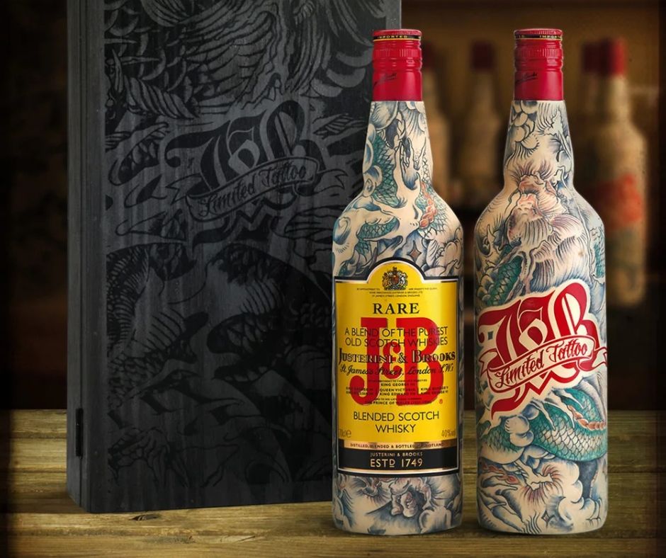 Whisky packaging featuring tattoo-style illustration, expressing graphic design trends 2026 through cultural identity, craft and rebellion.