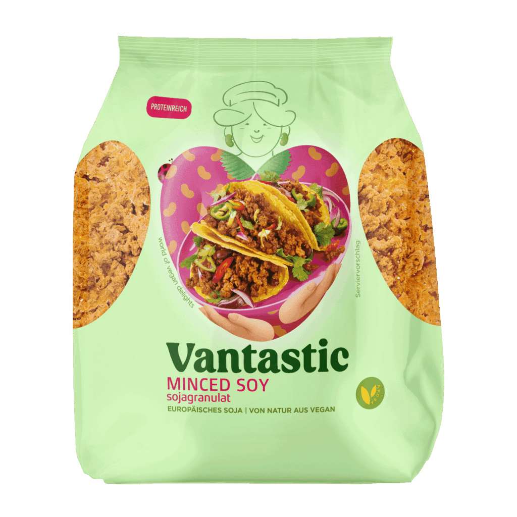 Playful vegan minced soy packaging using bright colour, illustration and friendly character design to express graphic design trends 2026.