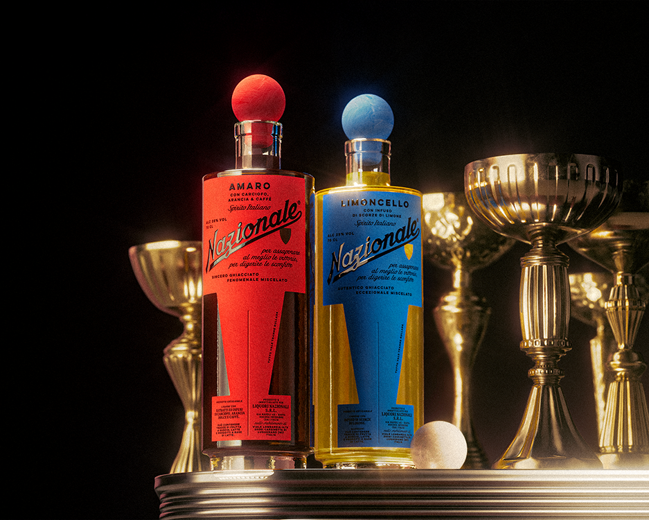 Playful Italian spirits packaging using bold colour, tactile elements and game-inspired cues to reflect graphic design trends 2026.