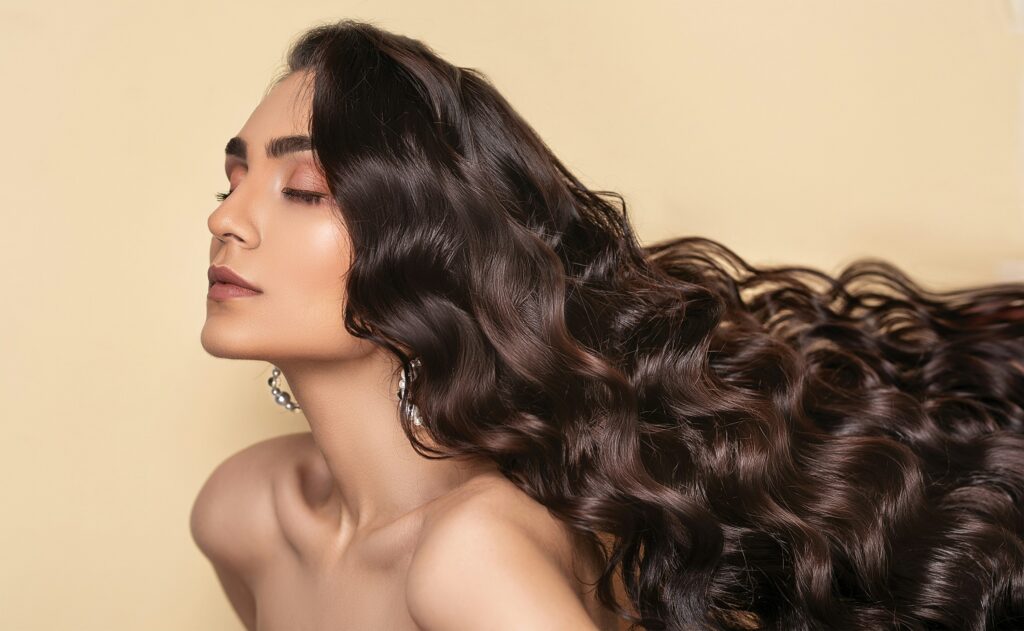 Woman with glossy dark waves for luxury haircare branding