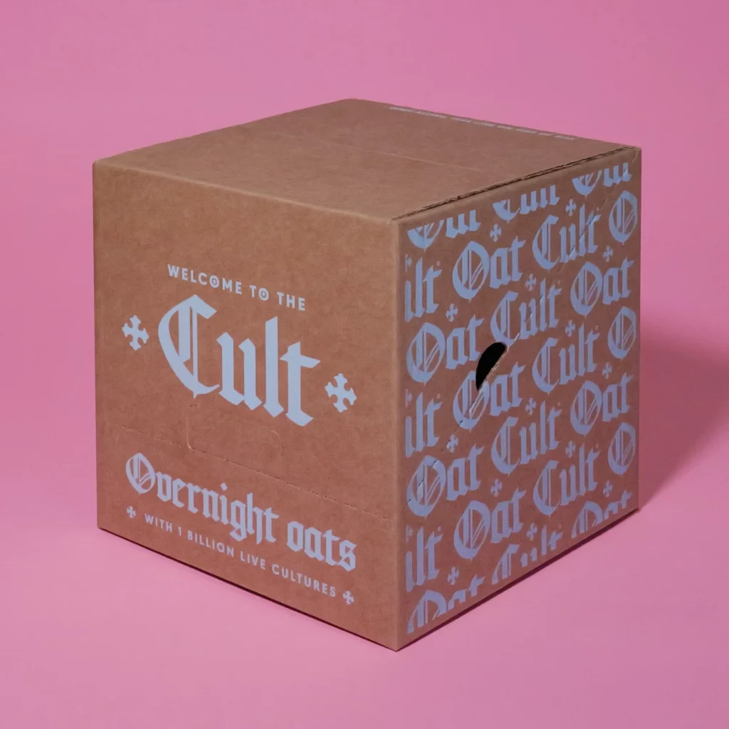 Oat Cult overnight oats packaging illustrating the modern repositioning of fibre and gut health.