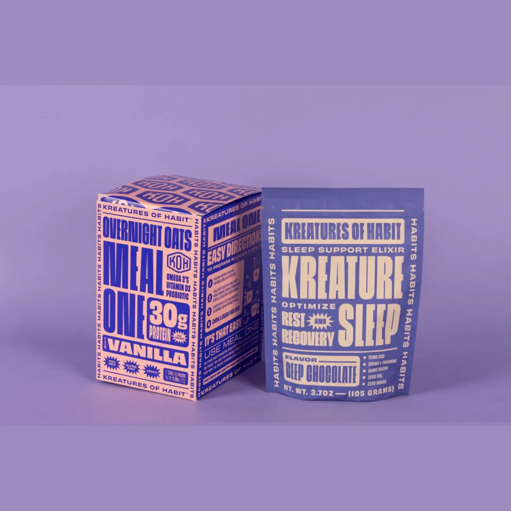 Kreatures of Habit functional breakfast products combining protein, probiotics and wellness benefits.