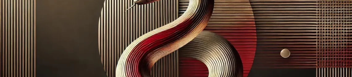 Abstract red and gold Wood Snake artwork representing transformation and creativity in 2025 branding.
