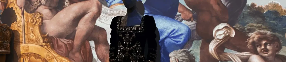 Mannequin in Dolce & Gabbana ornate black gown set against a Renaissance-style fresco of mythological figures and a golden chariot.