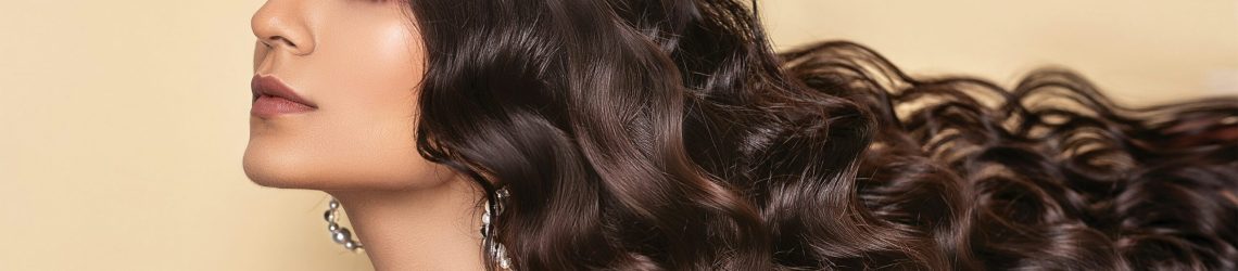 Woman with glossy dark waves for luxury haircare branding